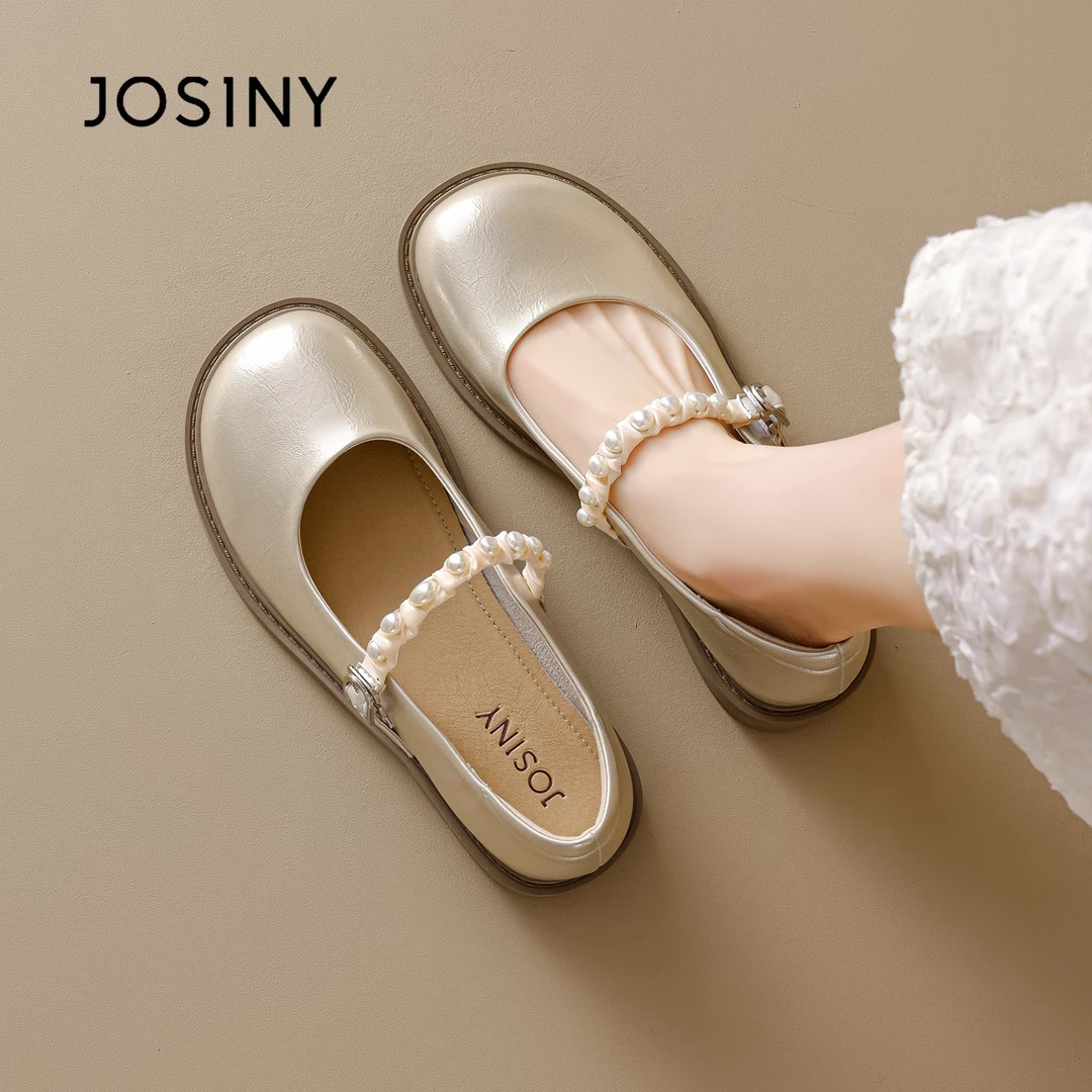卓诗尼2025新款香槟色法式平底浅口单鞋女款不累脚珍珠粗跟玛丽珍