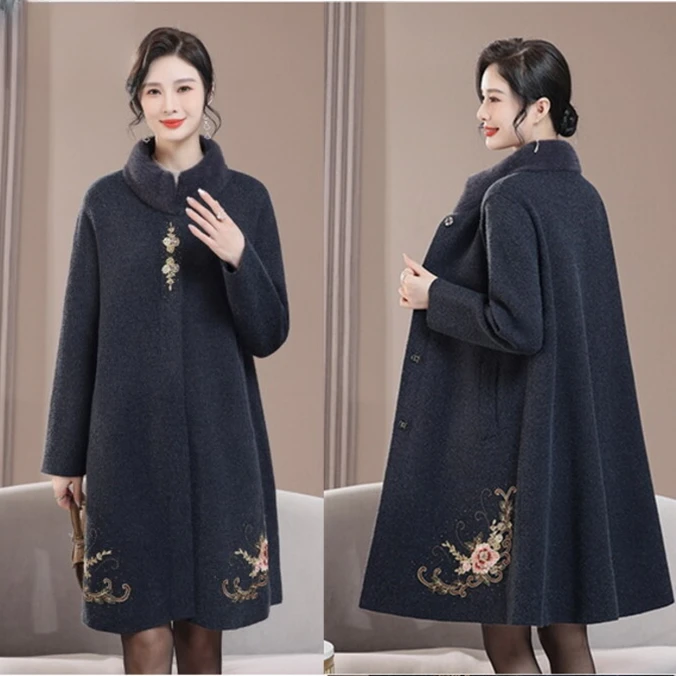恒源祥集团彩羊妈妈秋冬高队双面羊毛呢气质显瘦大衣民族风中老年