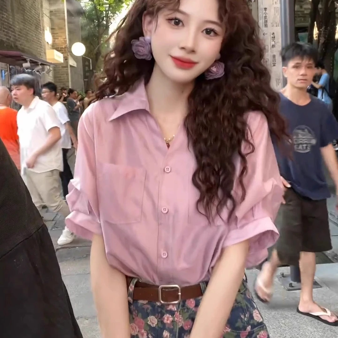 法式小资粉色短袖雪纺衬衫女装2025新款夏季衬衣高级感泡泡袖上衣