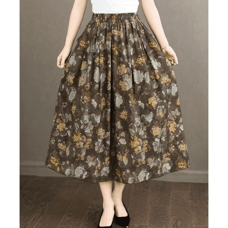 高档半身裙文艺复古女装夏季新款松紧腰遮肉显瘦过膝中长款a字裙