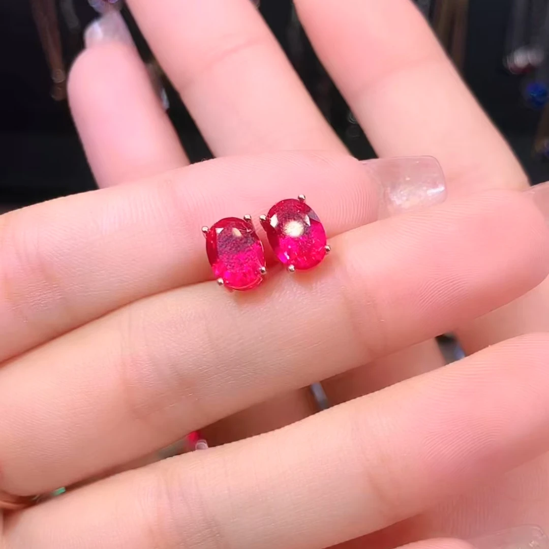 红宝石S925银镶玫瑰金耳坠
