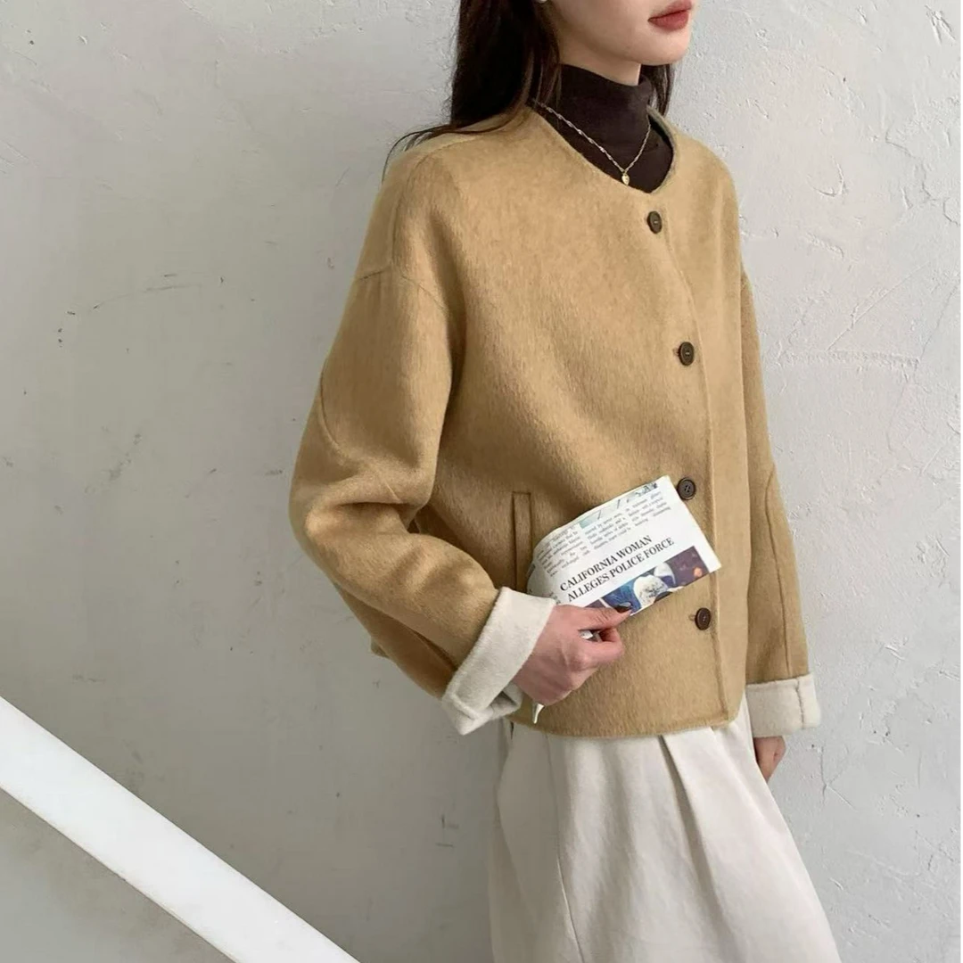 JIALENI佳乐妮韩国设计师款圆领拼色大衣秋冬高级感毛呢外套9008