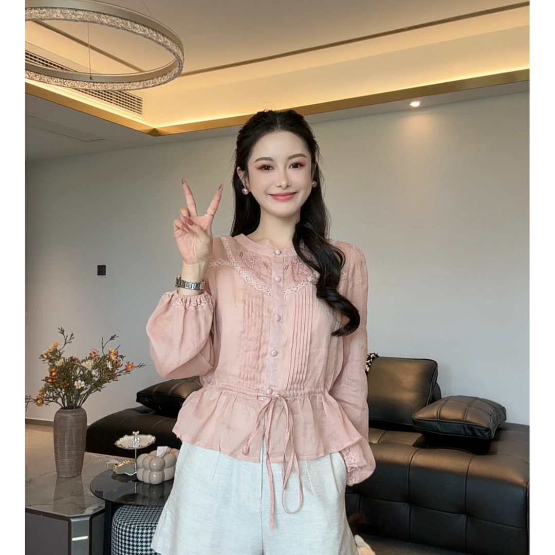 【YO YO】法式设计感减龄早秋蕾丝泡泡袖上衣55206