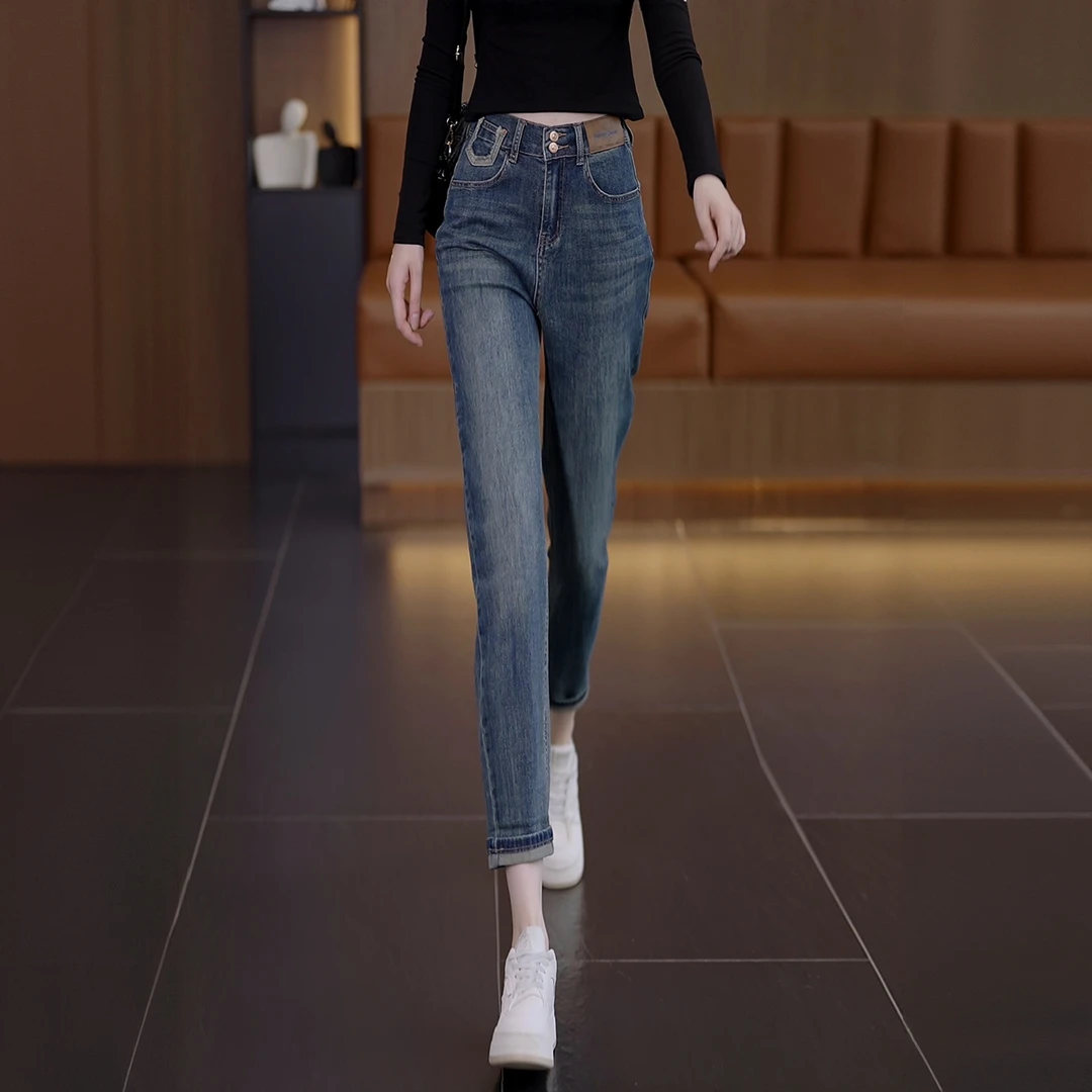 复古哈伦牛仔裤女秋季2025新款高腰弹力显瘦修身小脚直筒烟管裤子