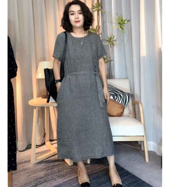 【Y.Z】高定复古经典小格长款亚麻宽松遮肉显瘦连衣裙2363