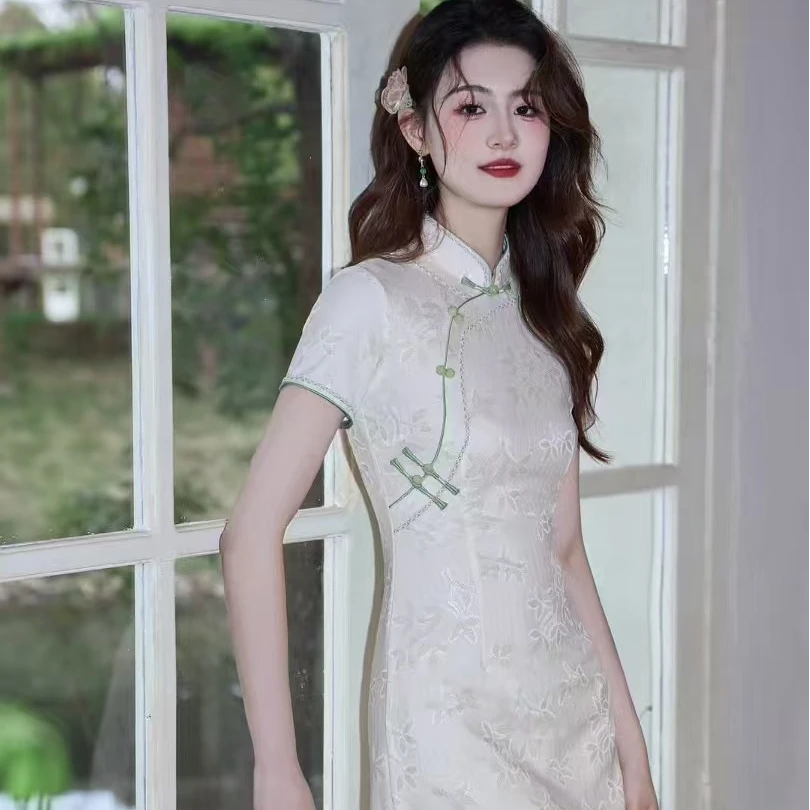 沫姿《月光》国风送考绿色旗袍2025夏季薄款小个子修身气质日常旗袍