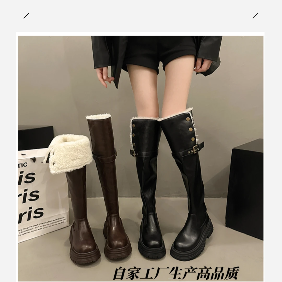 翻折两穿过膝厚底高筒骑士靴女2025秋冬瘦瘦靴新款粗跟单靴长筒靴