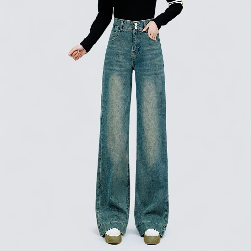 【欧若风】2025年春季新款高腰宽松复古蓝百搭显瘦直筒微喇牛仔裤女
