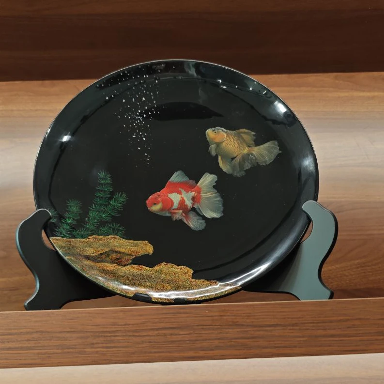 兰记大漆漆器 摆件-木胎两只金鱼圆盘直径40CM