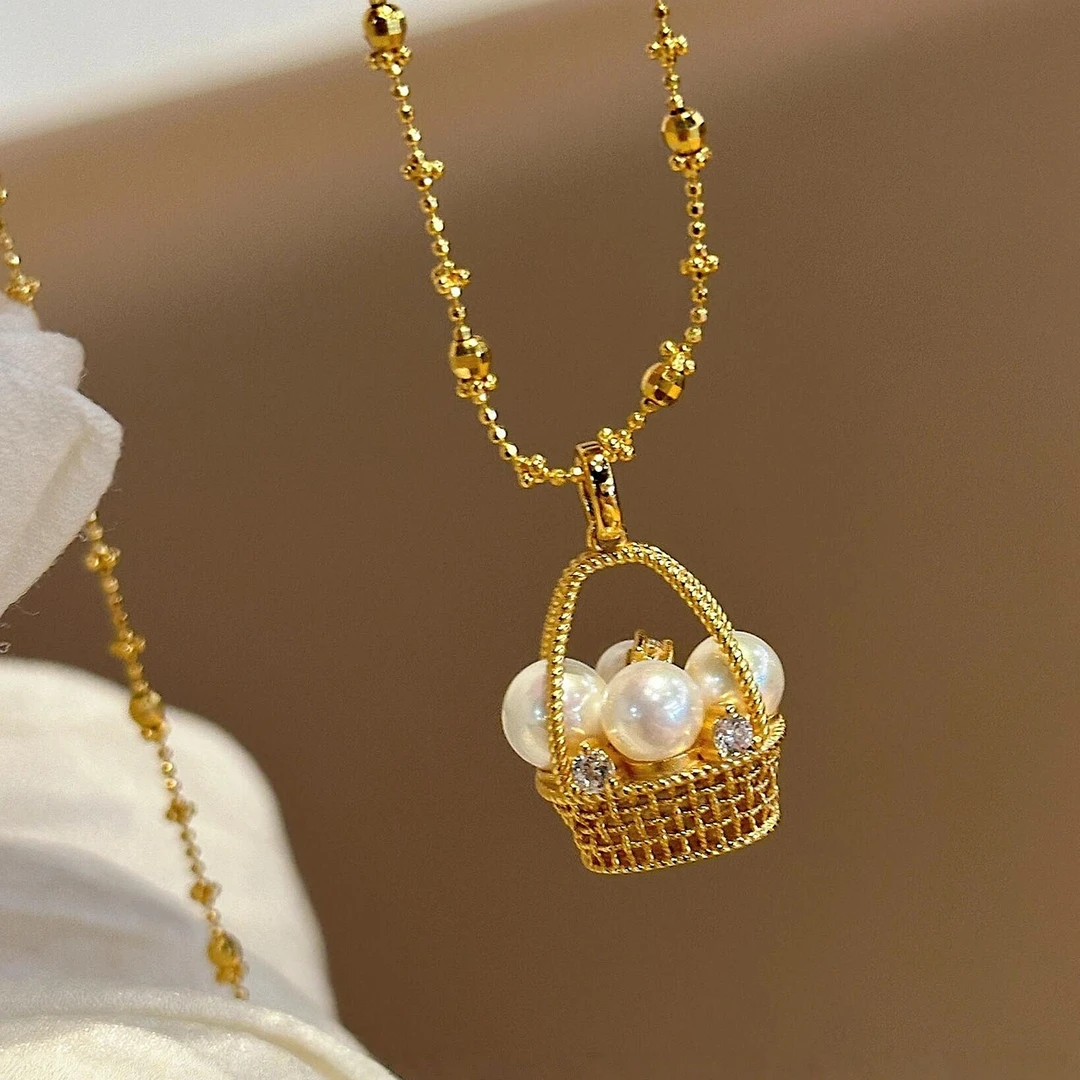 卡柒 铜合金项链 法式高级感编织花篮珠珠项链复古轻奢气质锁骨链