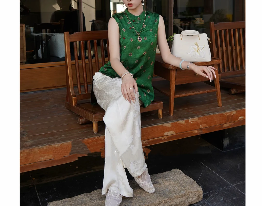 幸运草    绿色夏季复古中国风提花无袖中长款时尚新款爆款