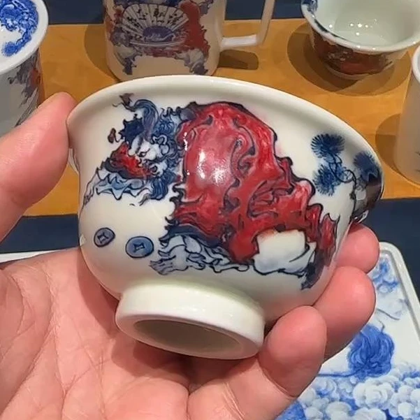 【寒山窑】青花釉里红钟馗戏金蟾压手杯
