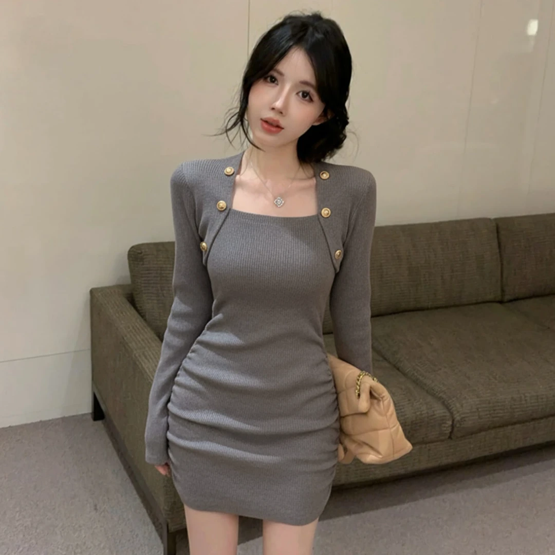纯欲灰色长袖针织连衣裙女秋季小个子气质性感修身显瘦包臀短裙子