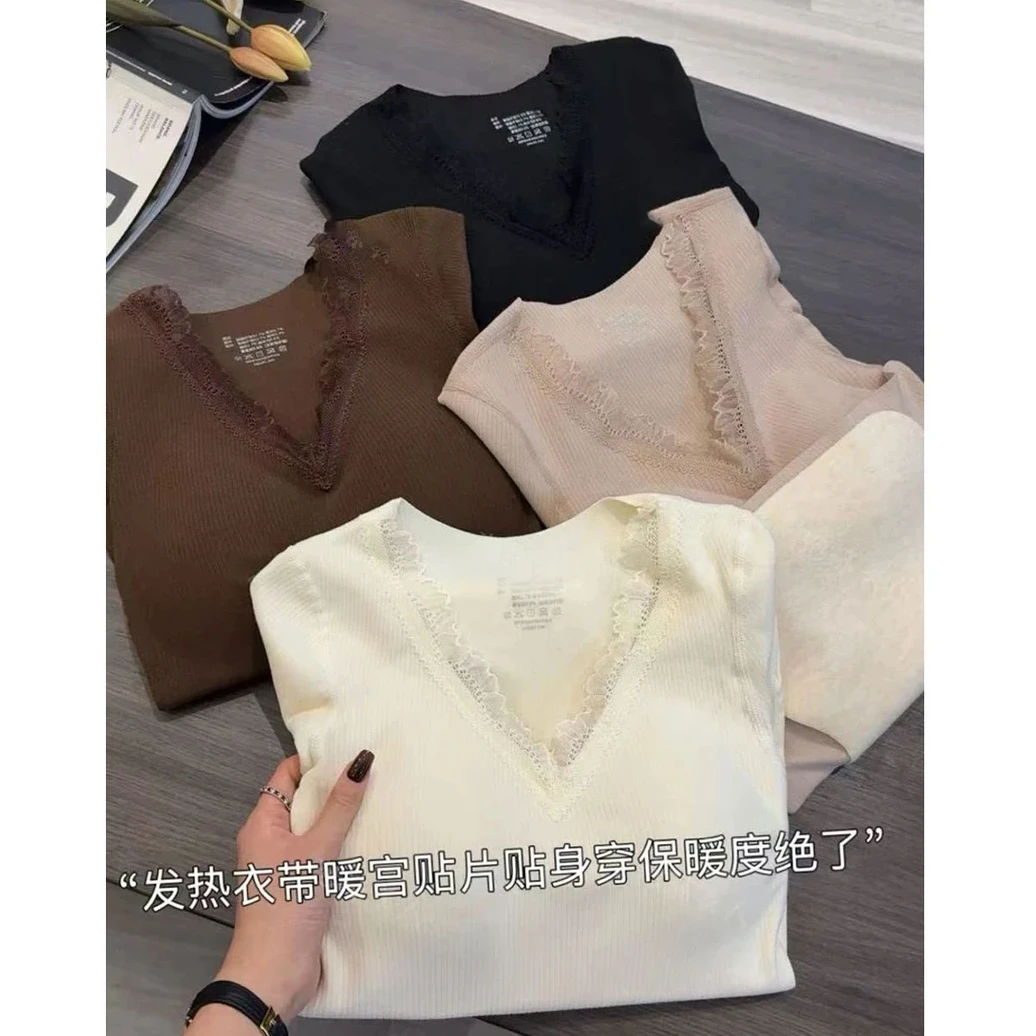 发热衣」桑蚕丝羊毛蕾丝边自发热暖宫保暖磨毛上衣-5821