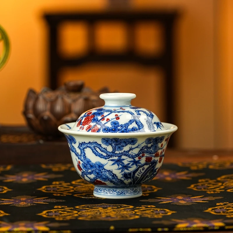 刘建锋窑  釉里红松竹梅盖碗  茶具茶瓷喝茶饮茶手工  LJF313
