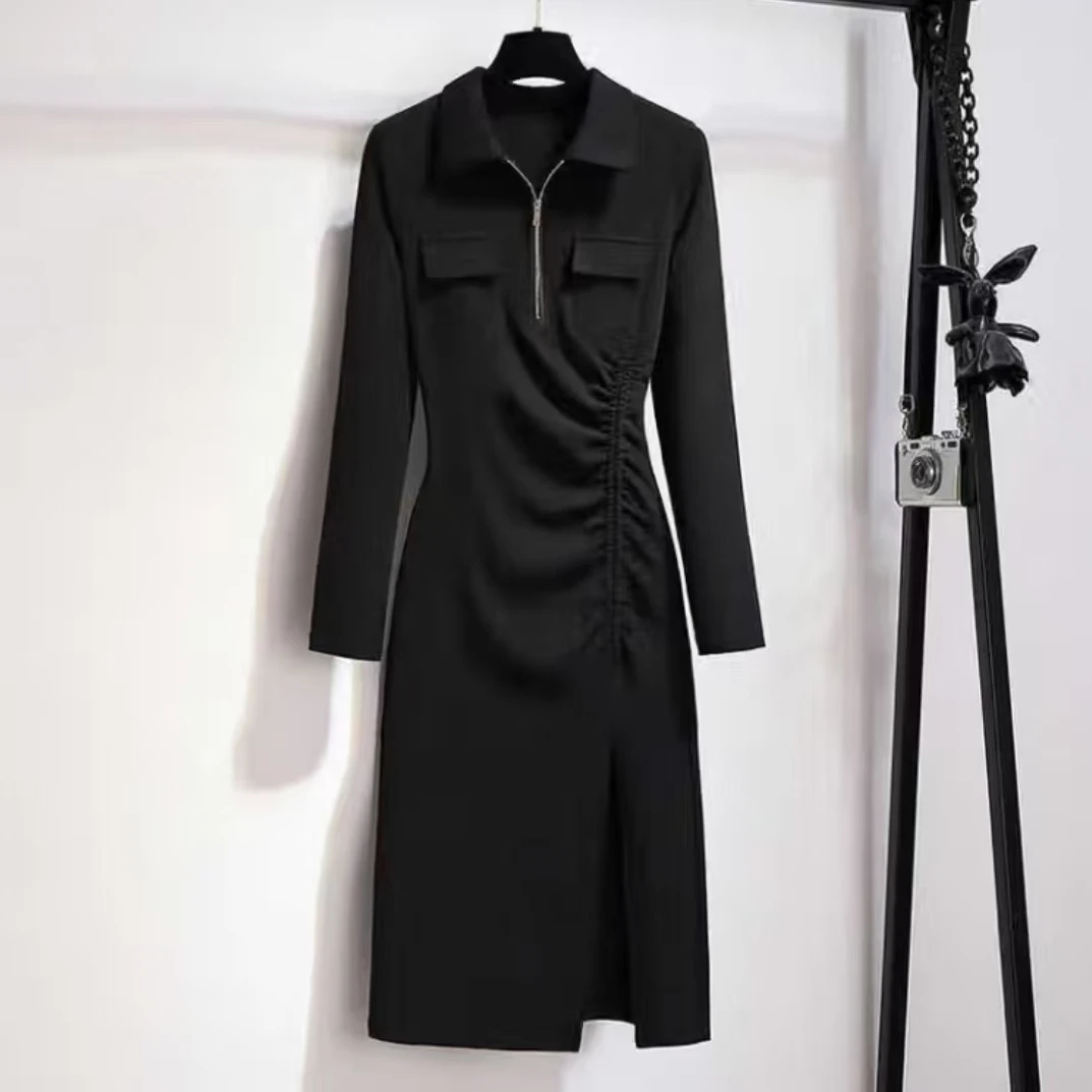 AG修身长款收腰优雅时尚显瘦实体368黑色连衣裙气质秋季裙子长裙