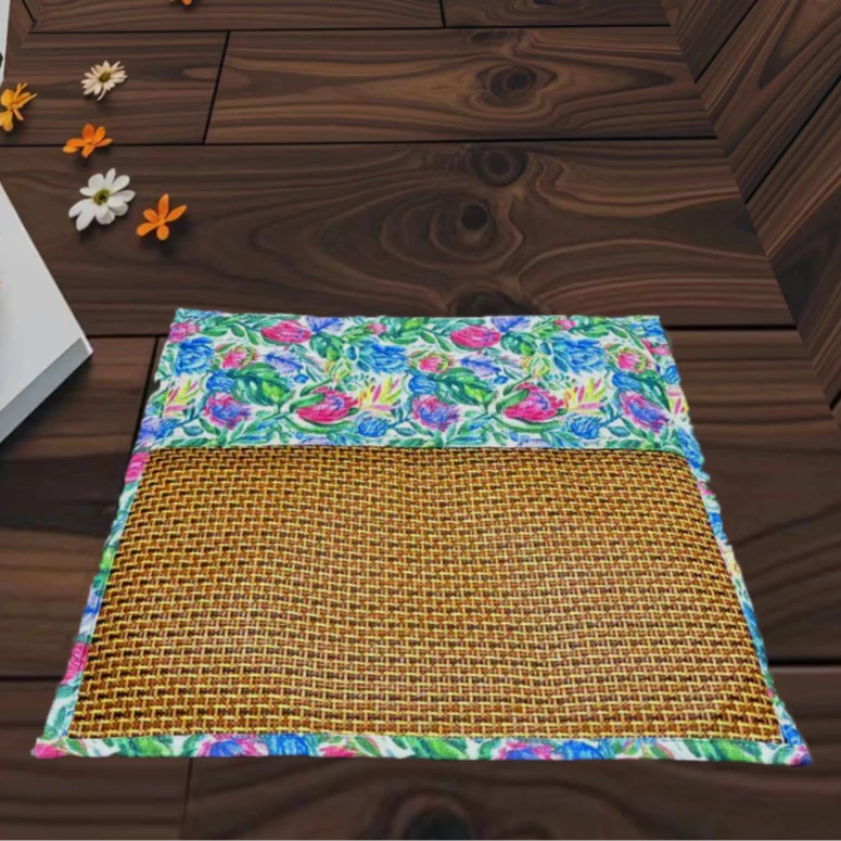 莫奈花园百花齐放艾草藤席坐垫 夏季凉席垫加厚艾绒垫