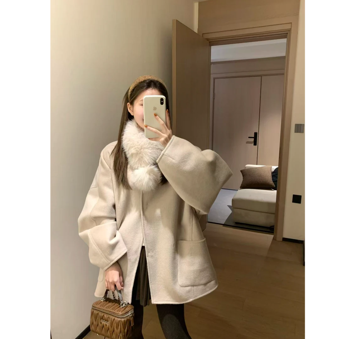 韩11收腰毛呢外套毛呢双面百搭女长款大衣外套
