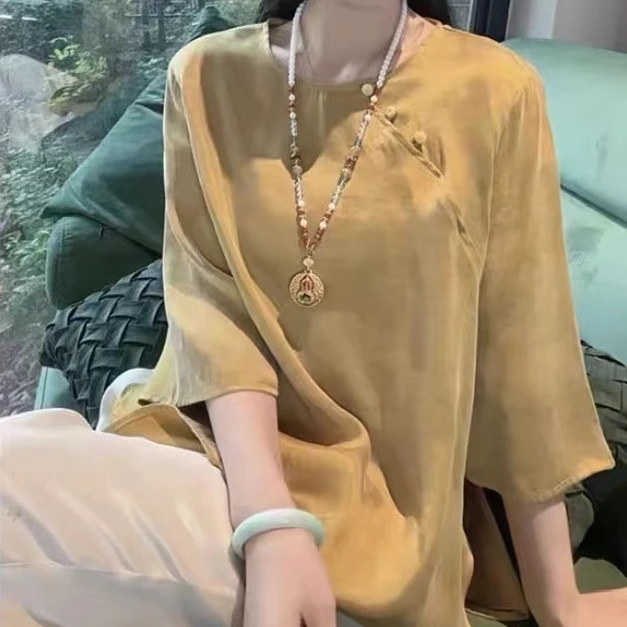 【715】新中式圆领国风提花衬衫女2025新款设计感禅意宽松长袖打底