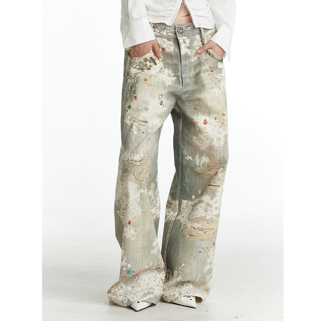 复古牛仔裤印花长裤涂鸦直筒休闲裤