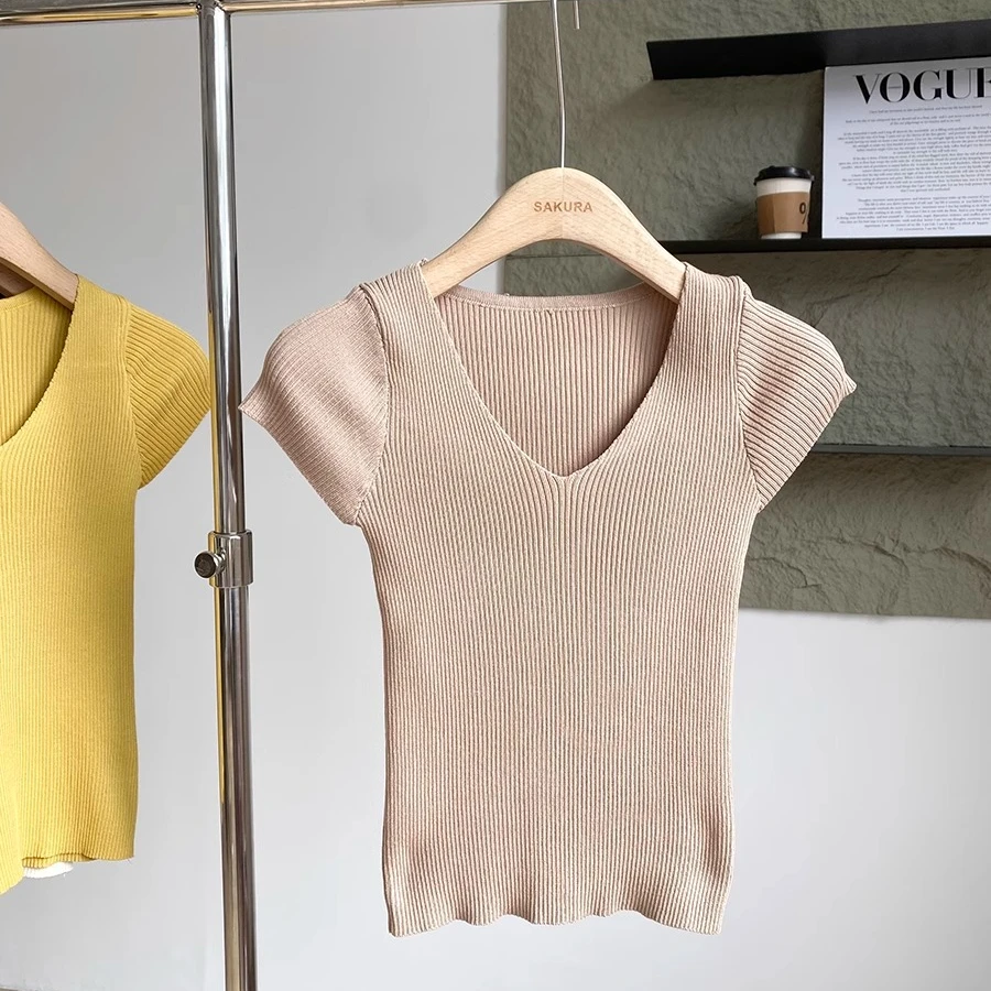 夏季莱赛尔天丝飞飞袖v领针织衫女薄款冰丝纯欲修身韩版套头上衣