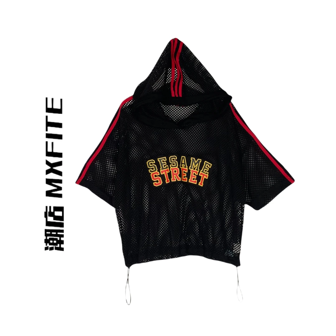 MXFITE潮店春季新款复古街头运动镂空网格短袖连帽T恤（RDZ5028）