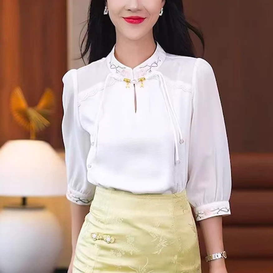 2025早秋新款新中式立领国风中袖衬衫气质显瘦百搭上衣3330长62