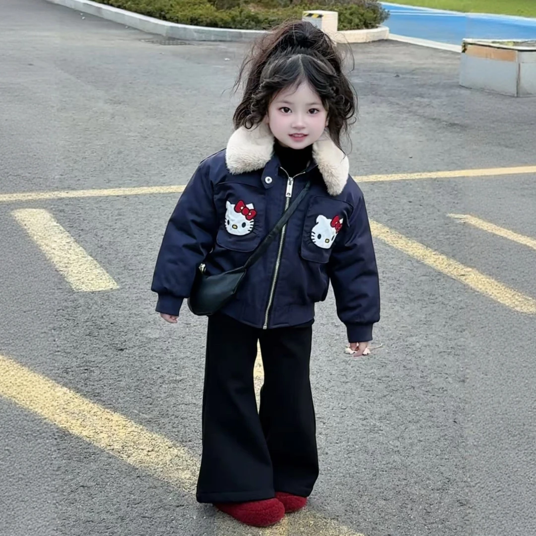 女童KT猫加绒加厚外套秋冬款2025新款韩版毛领卡通短款保暖大衣