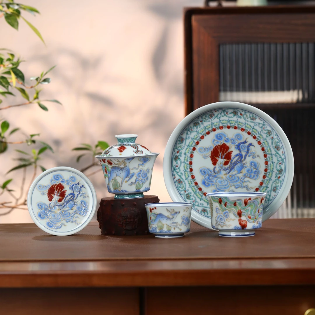 景德镇高温手工陶瓷茶具高档斗彩九色鹿五件套礼盒装高端陶瓷茶具