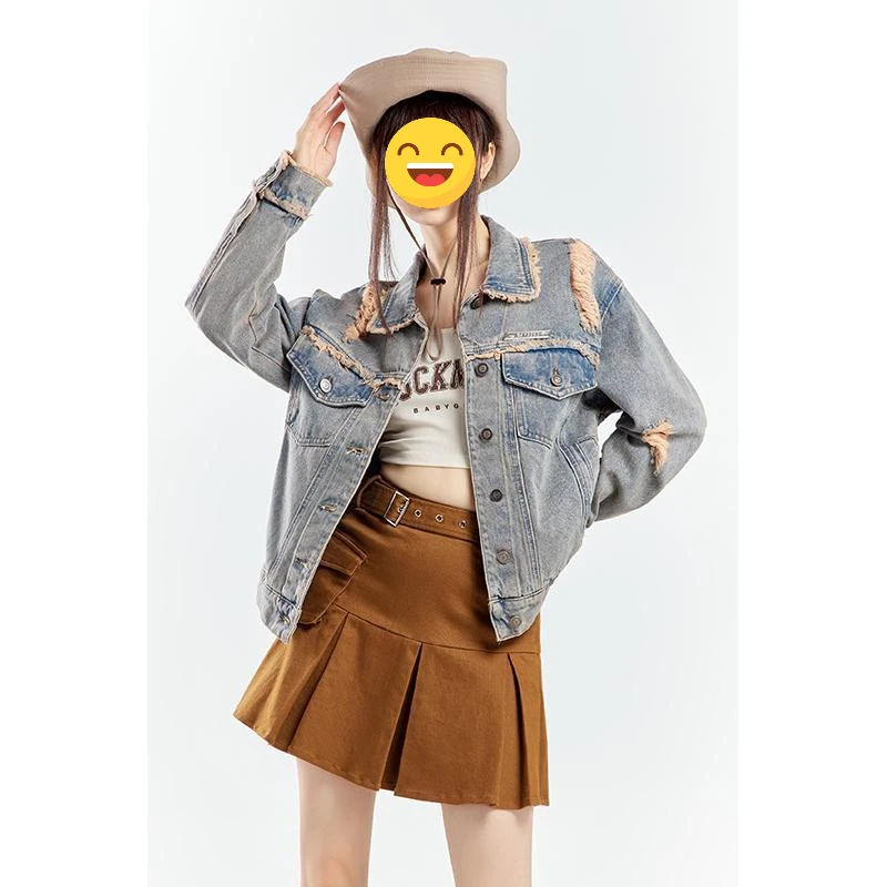 2024美式街头复古毛边破洞浅蓝色水洗牛仔外套女春秋季宽松小众