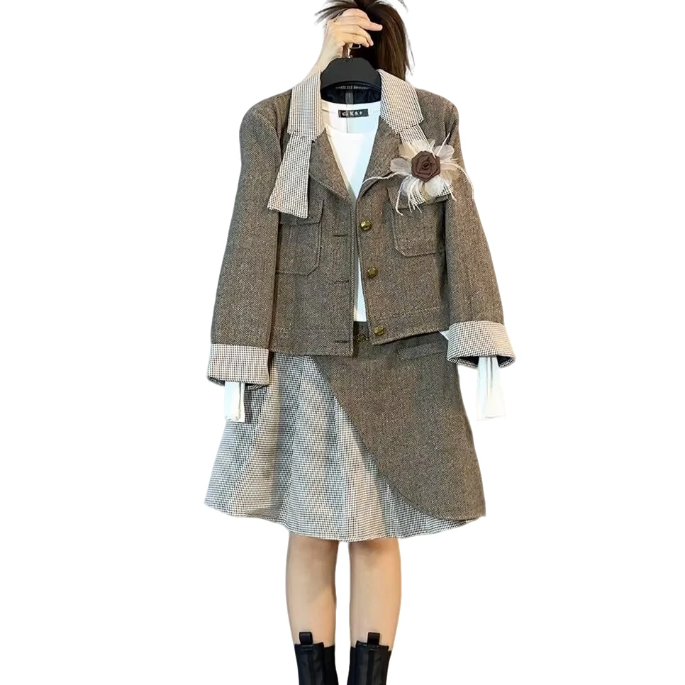 大维罗依LL欧洲站新款小香风气质拼接西服外套半身裙套装