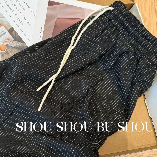 【瘦瘦】大码单色抽绳细条纹裤百搭高腰宽松显瘦直筒长裤S01317