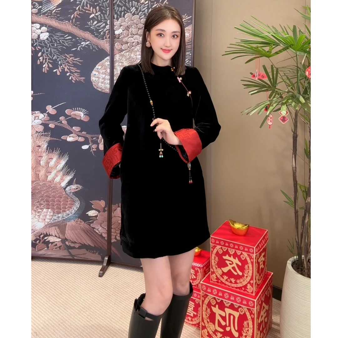 婷姐专属【鸿运当头】2025新款新中式满分真丝丝绒连衣裙