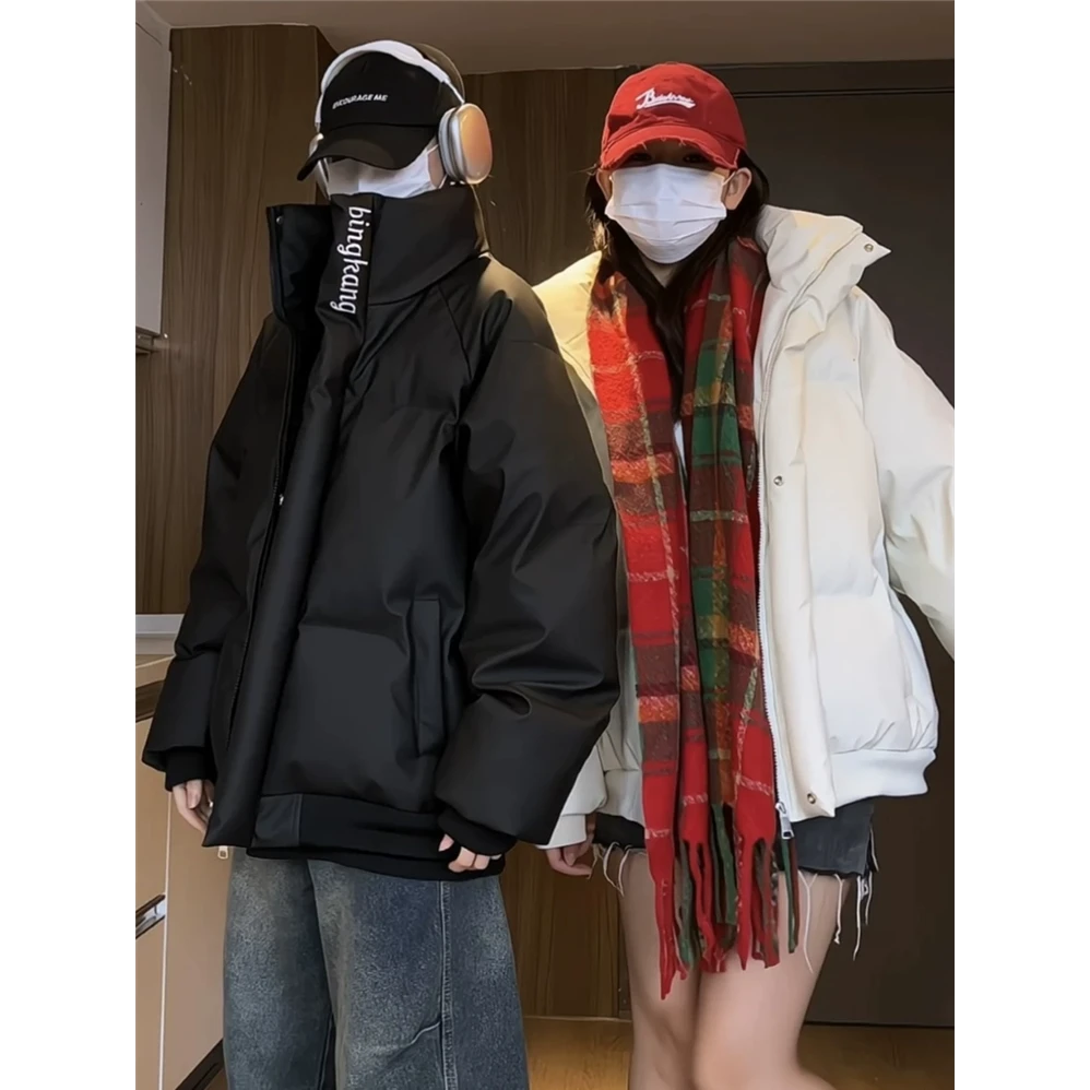 LIGGICC冬季立领PU皮棉衣外套男宽松保暖加厚棉服情侣美式棉袄潮