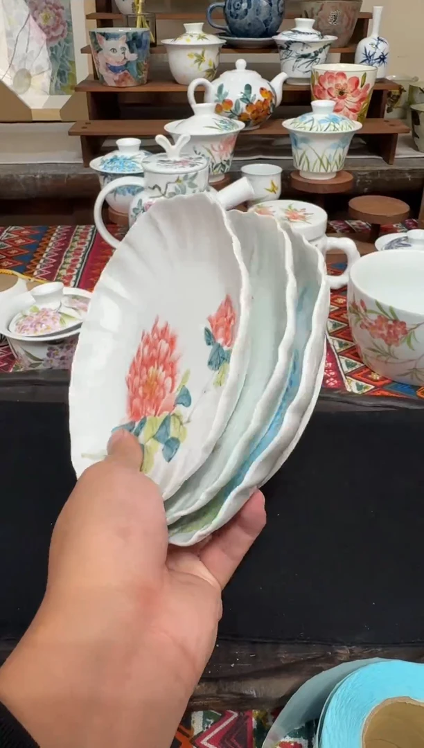 瓷片陶瓷高端国画手工釉下陶瓷浮力价盘子*3