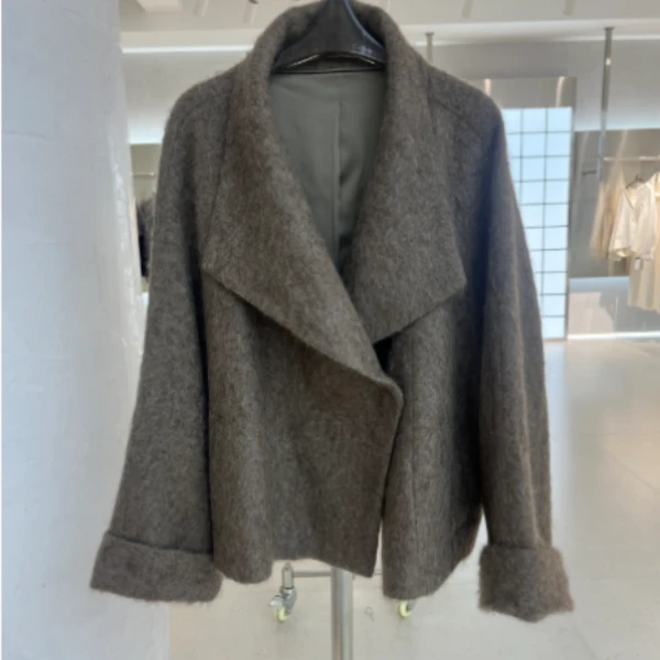 【AnDy】休闲风厚款加绒加厚款女毛呢外套女士灰色设计师上衣55082