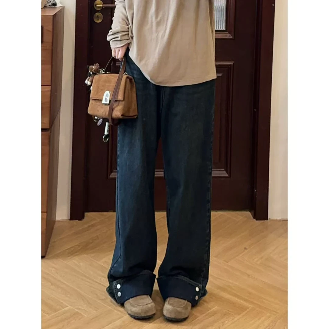 早秋新款深灰色显瘦弯刀工装裤女美式宽松百搭减龄洋气阔腿休闲裤