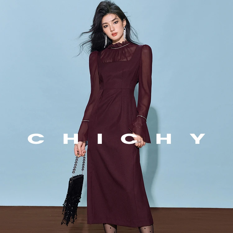 【若谷专属】CHICHY复古名媛长袖收腰显瘦连衣裙CC8F009244