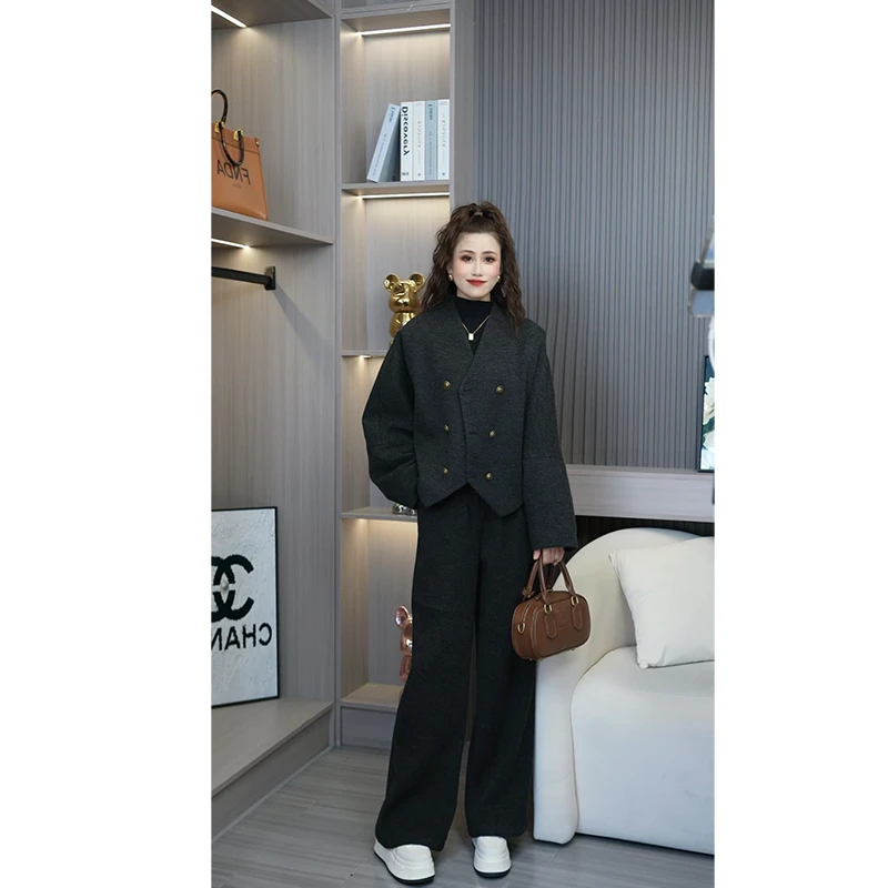 Liixu冬新款小香风羽绒内胆蝙蝠袖外套女显瘦阔腿裤套装L48TZ054