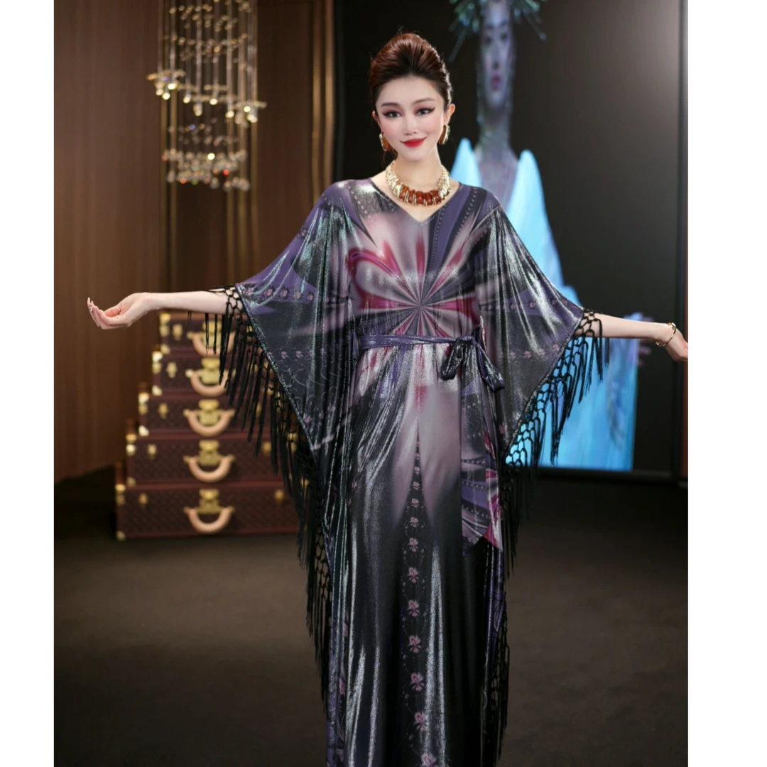 (娴儿)-高贵夏季气质显瘦款流苏设计师长款连衣裙 D29082