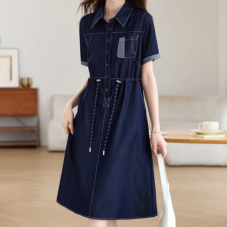 短袖衬衫牛仔连衣裙女夏季2025新款收腰显瘦中长款气质好看裙子潮