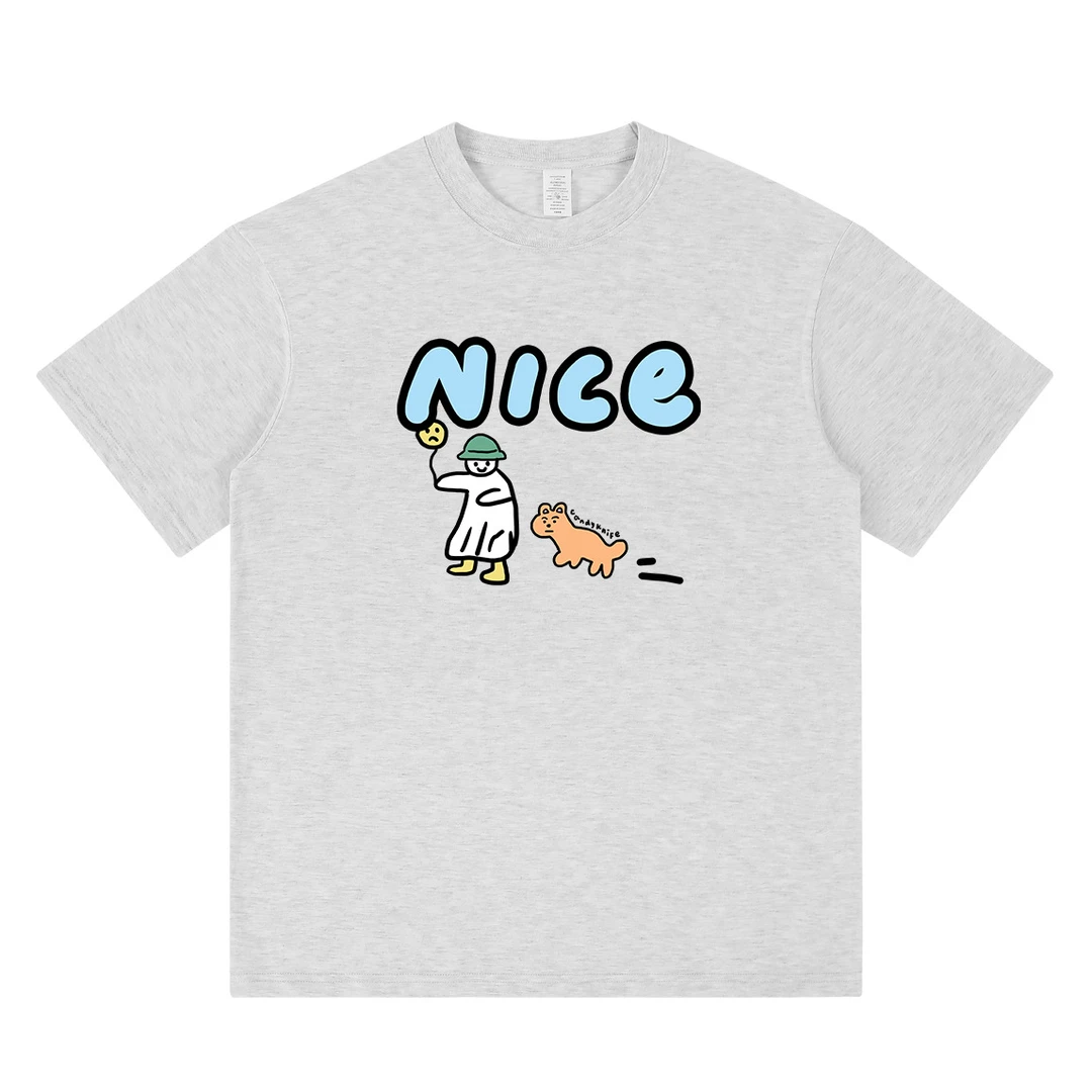 简约手绘卡通字母nice印花短袖T恤男女同款潮流情侣宽松百搭上衣
