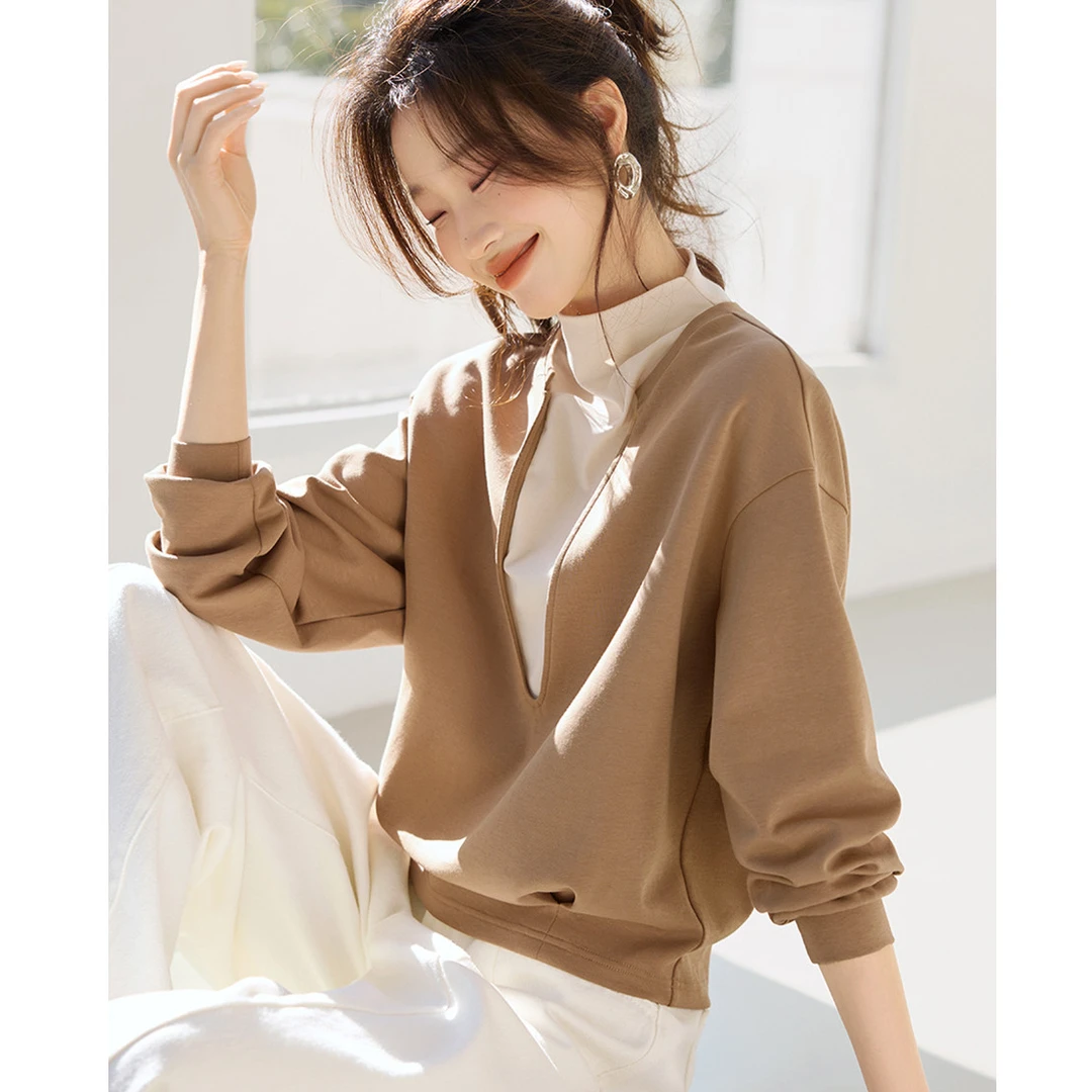 春秋假两件设计长袖上衣2025秋季新款小个子女士卫衣半高领气质