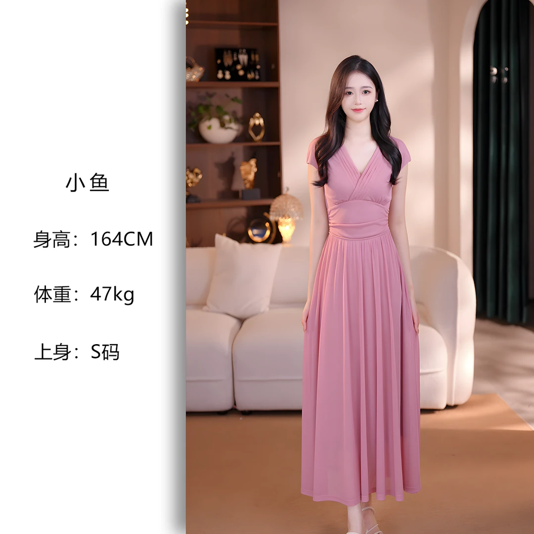 通勤日常夏季V领长裙显瘦修身小众轻奢文艺欧若风连衣裙-YSJ61205