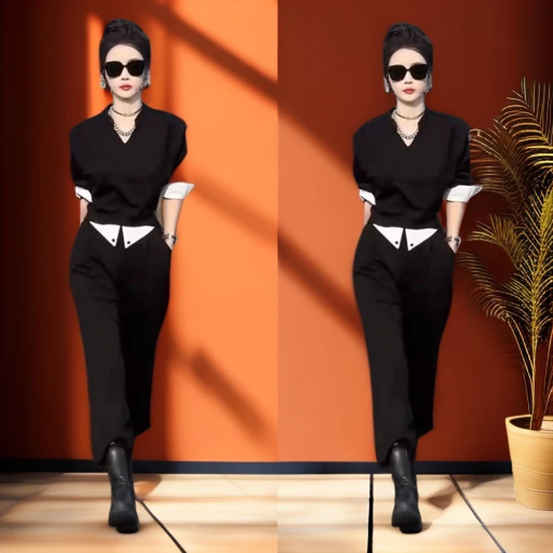 秋季穿搭一整套女2025新款气质高级感拼接假两件上衣休闲裤两件套