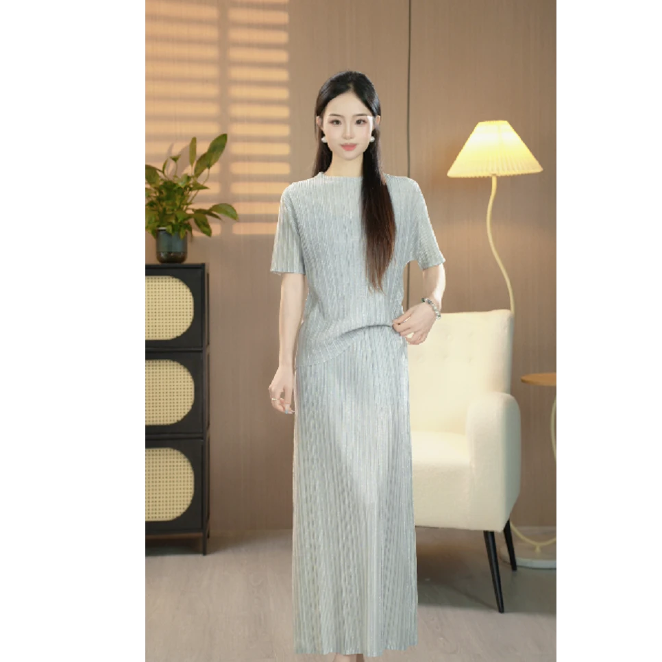 【璀璨星河】纯色百搭新款气质显瘦亮丝上衣半裙金色褶皱上衣+裙子