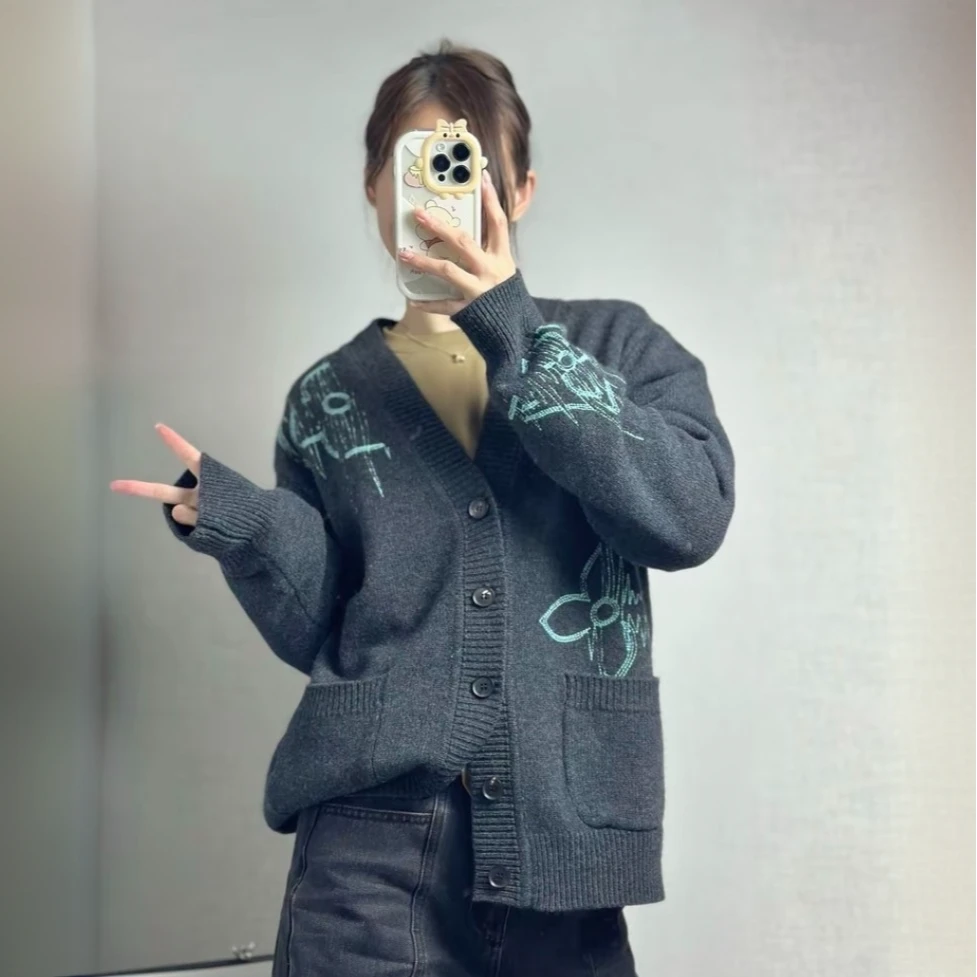 99新 LouisVuitton/路易威登 H14081 深灰色刺绣针织开衫外套 L码