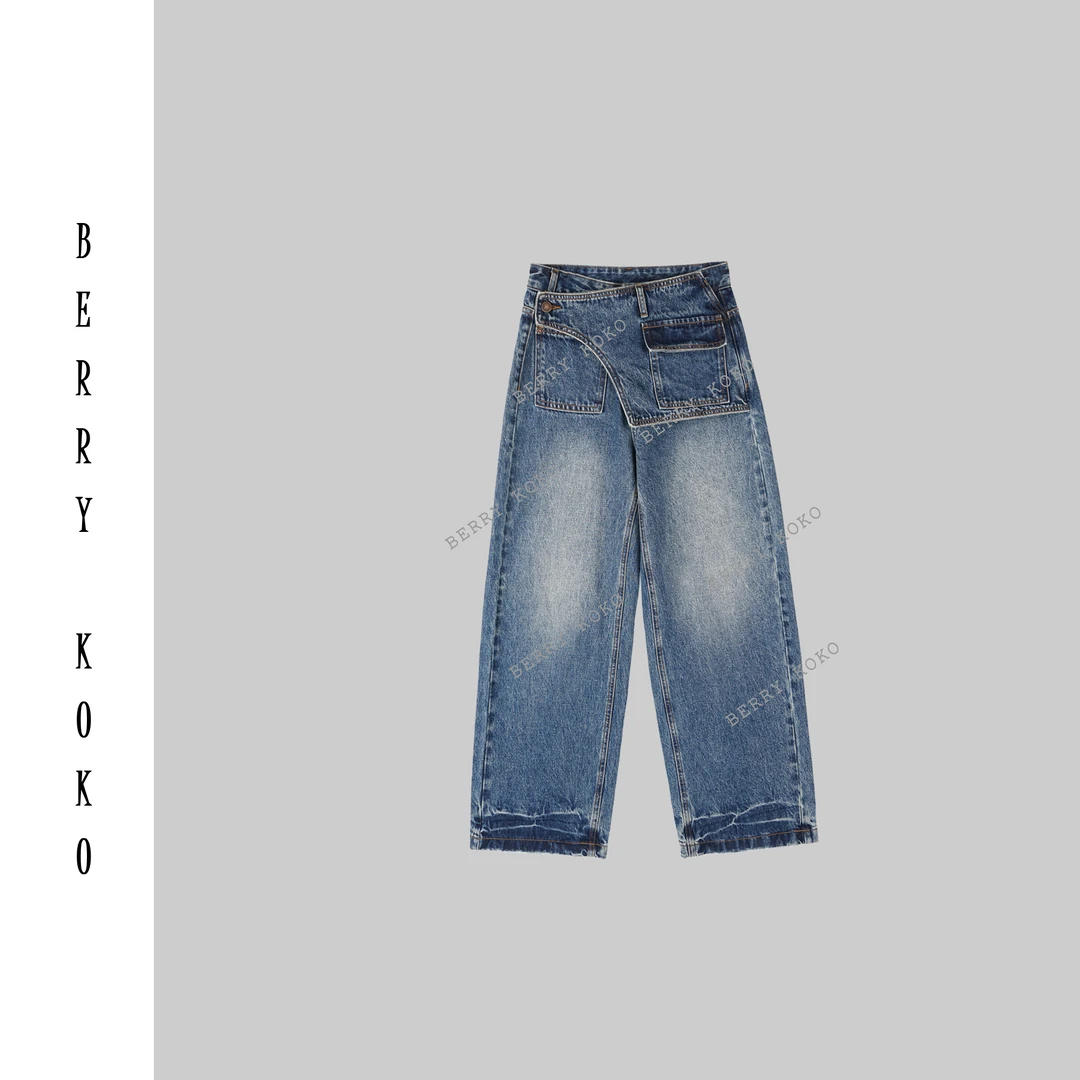 【MISSKO】早秋款假2件复古擦色工艺直筒牛仔长裤时尚做旧裤子 K13