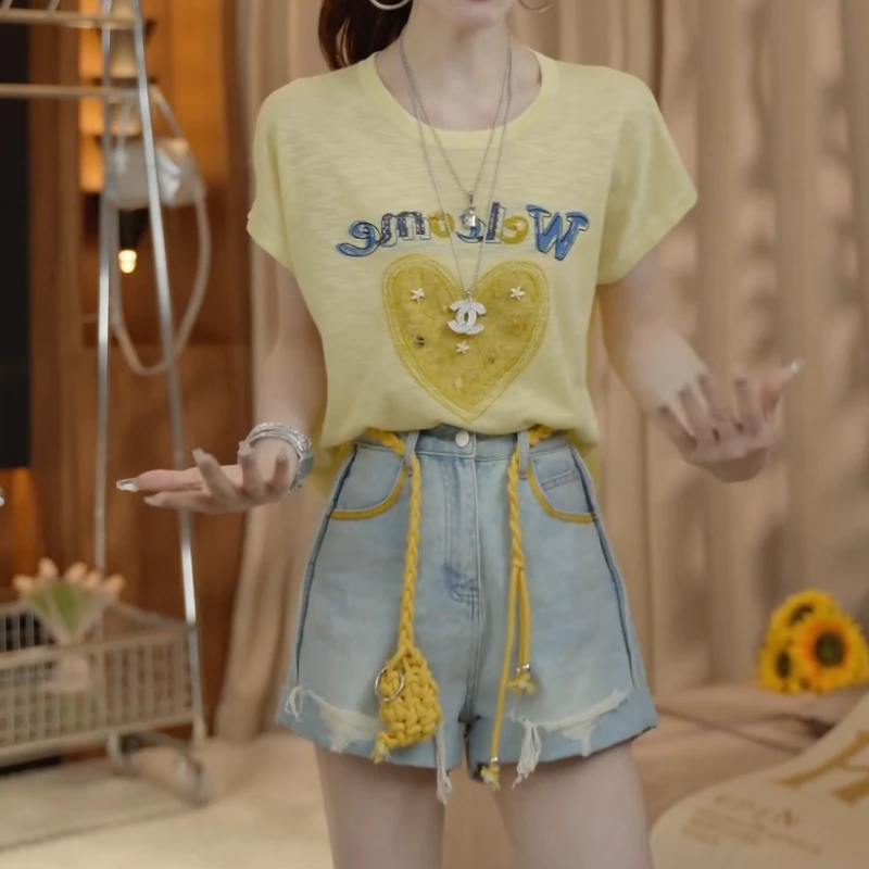 2025夏季新款爱心字母可爱T恤+百搭显瘦牛仔裤套装LK2503507