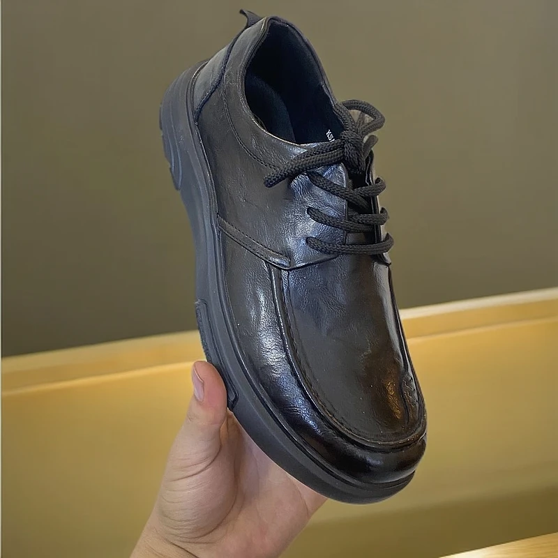 休闲皮鞋系带圆头商务风休闲风男款厚底舒适英伦风男士漆皮